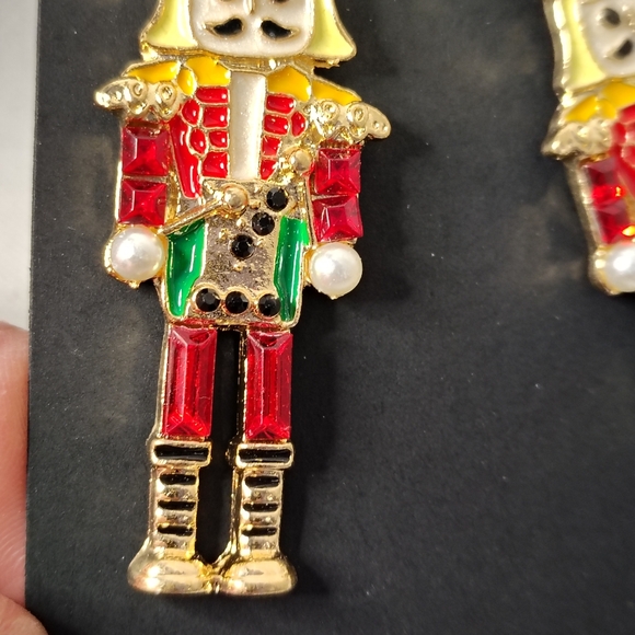 🥁Holiday Drummer Boy Stud Hanging Earrings w/Rhinestones 2.25" - Picture 4 of 5